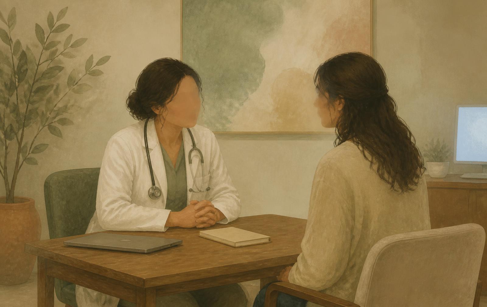 A doctor and patient seated across a small table in quiet conversation, with a closed laptop set aside.