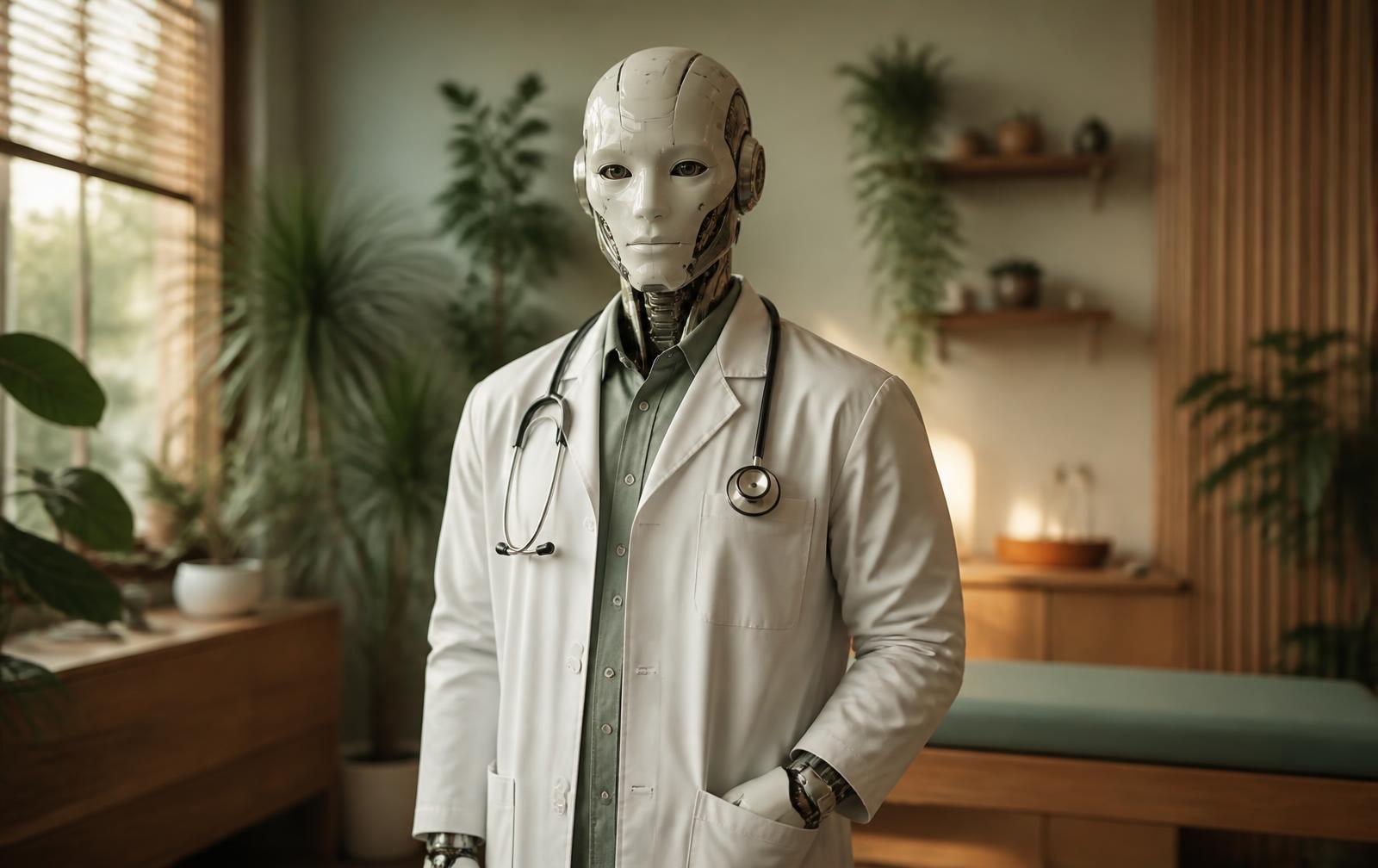 A humanoid robot wearing a white lab coat and stethoscope standing in a plant-filled clinic room.