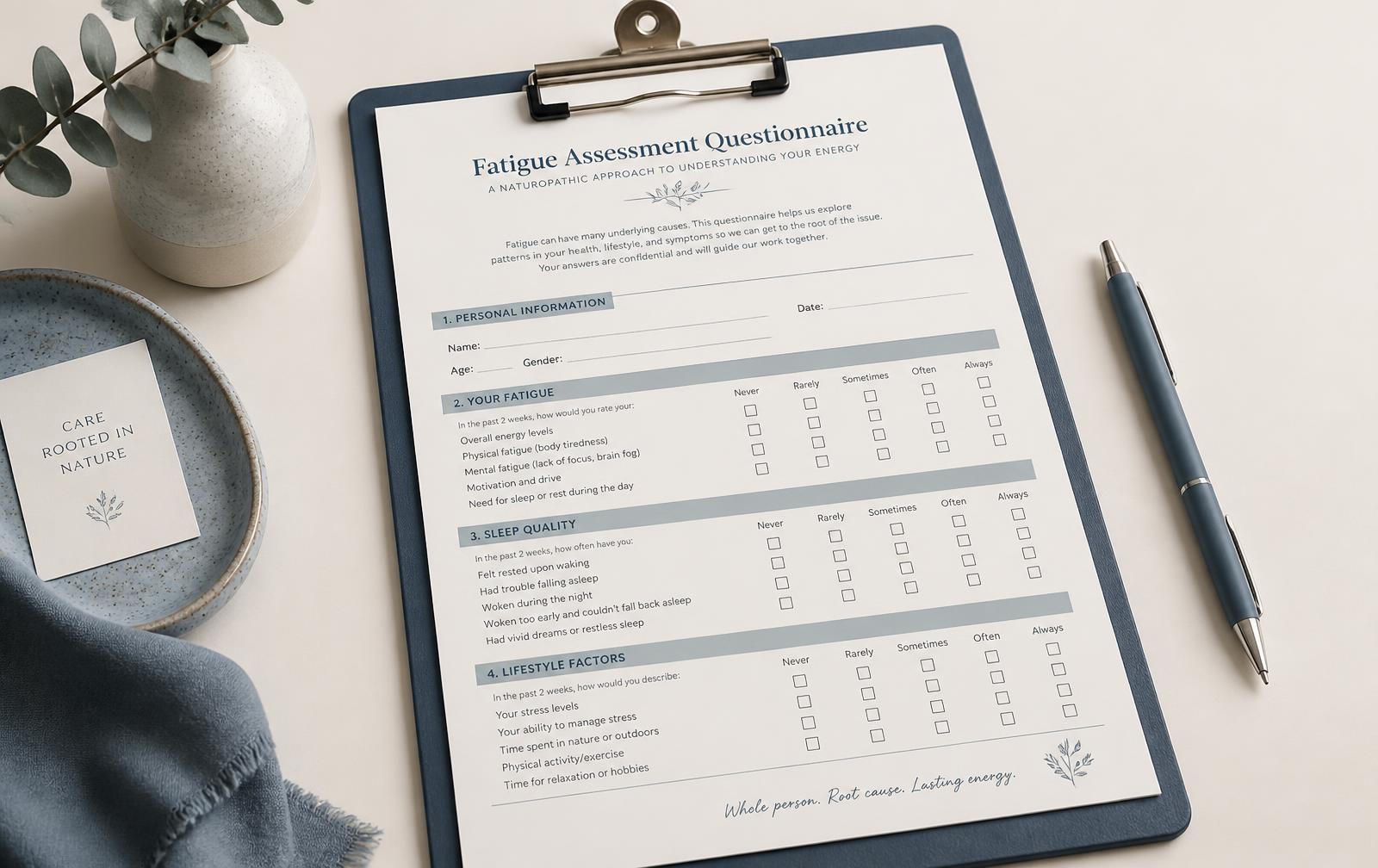 A clipboard holding a long questionnaire form with rows of checkboxes and a pen resting beside it.