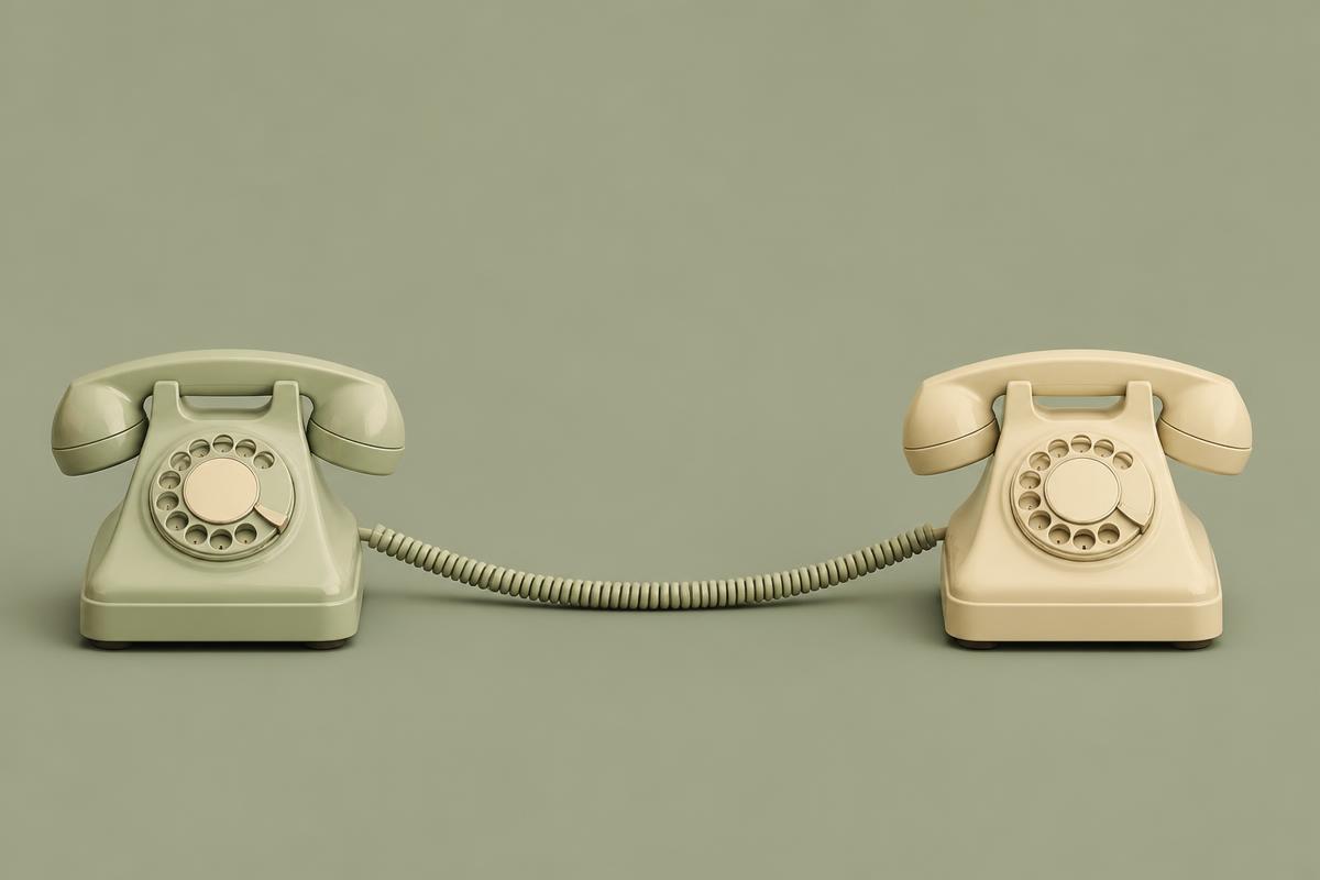 Two vintage rotary telephones facing each other, joined by a single curling cord, illustrating the two-way gut-organ conversation.
