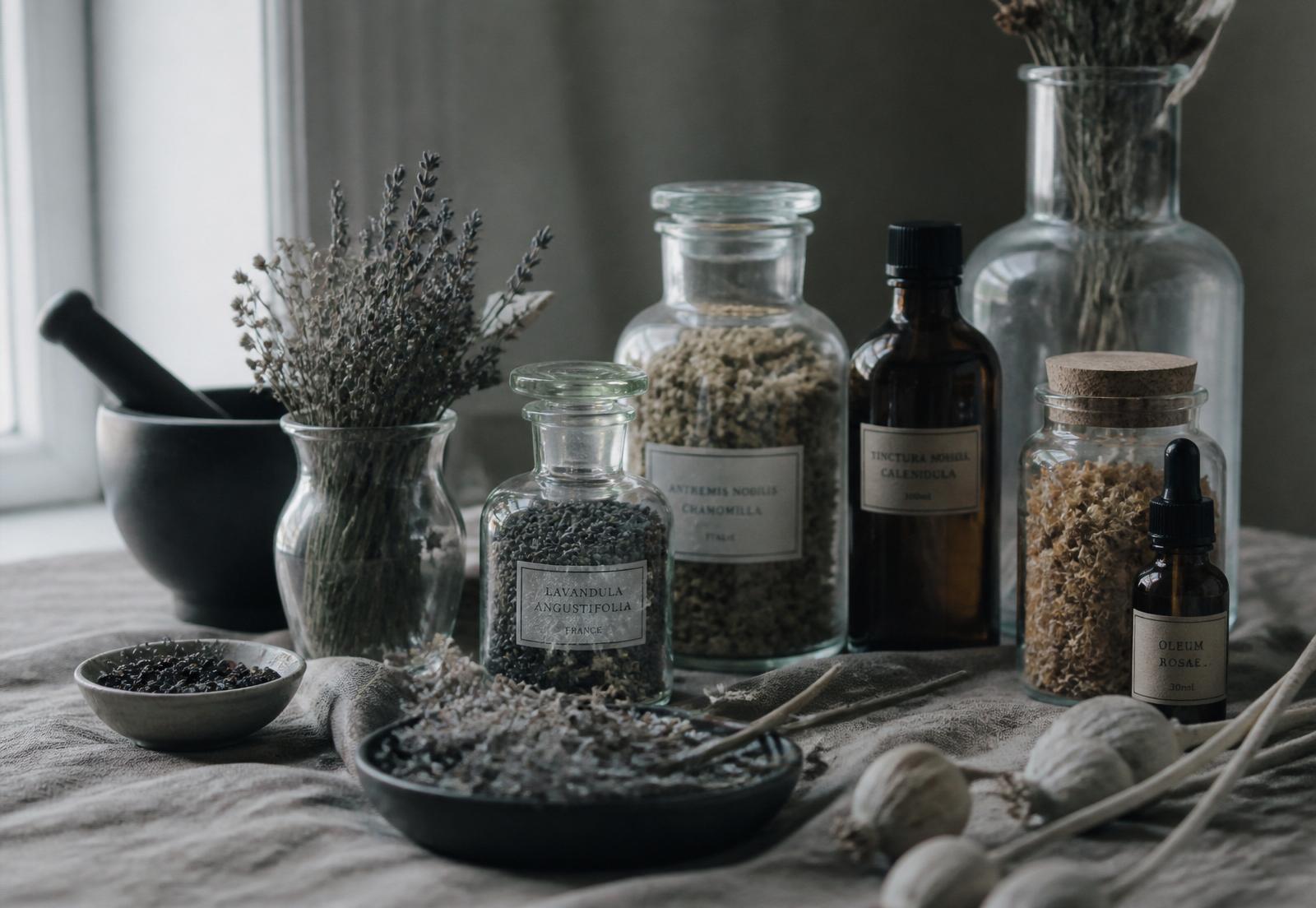 Dried herbs, glass apothecary bottles, and a mortar and pestle in soft window light