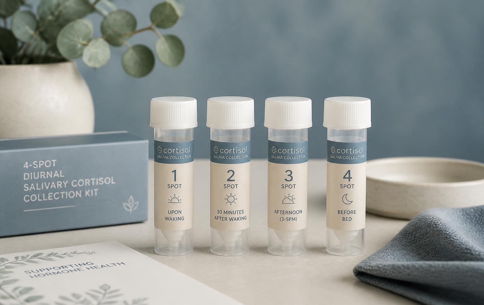 Four saliva collection vials arranged in a row, representing the 4-spot diurnal salivary cortisol test.