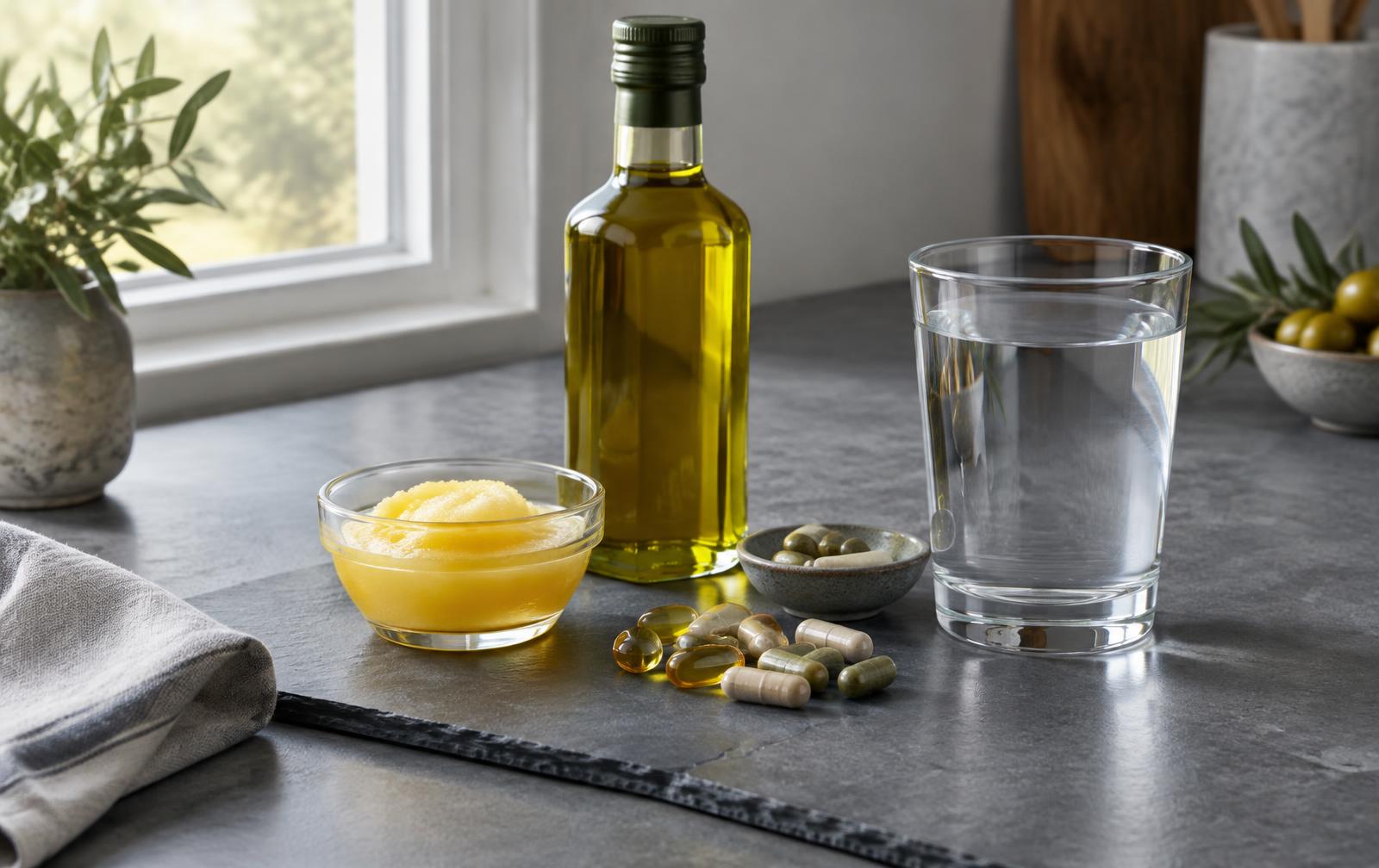 Olive oil, ghee, supplements, and a glass of water arranged on a kitchen counter