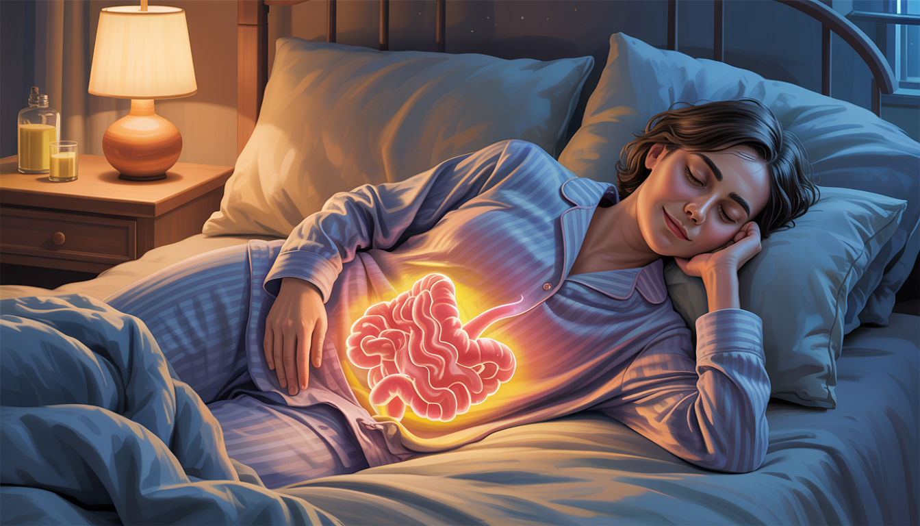 Illustration of a person’s gut glowing, representing healthy melatonin production and restful sleep