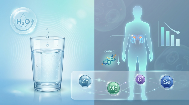 Modern infographic showing a glass of water representing hydration on the left and a human figure with highlighted adrenal glands on the right, illustrating how proper water intake and essential minerals help lower cortisol and stress—visual for Dr. Greg Nigh’s article on hydration and mineral deficiencies