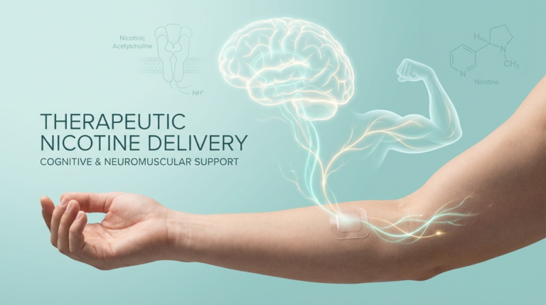 Conceptual medical illustration of a transparent transdermal nicotine patch on an adult arm, emitting soft teal-and-gold energy lines that form a glowing brain outline and a stylized bicep, symbolizing nicotine’s potential cognitive and muscular benefits—health-positive, smoke-free graphic for Dr. Greg Nigh’s article on therapeutic nicotine
