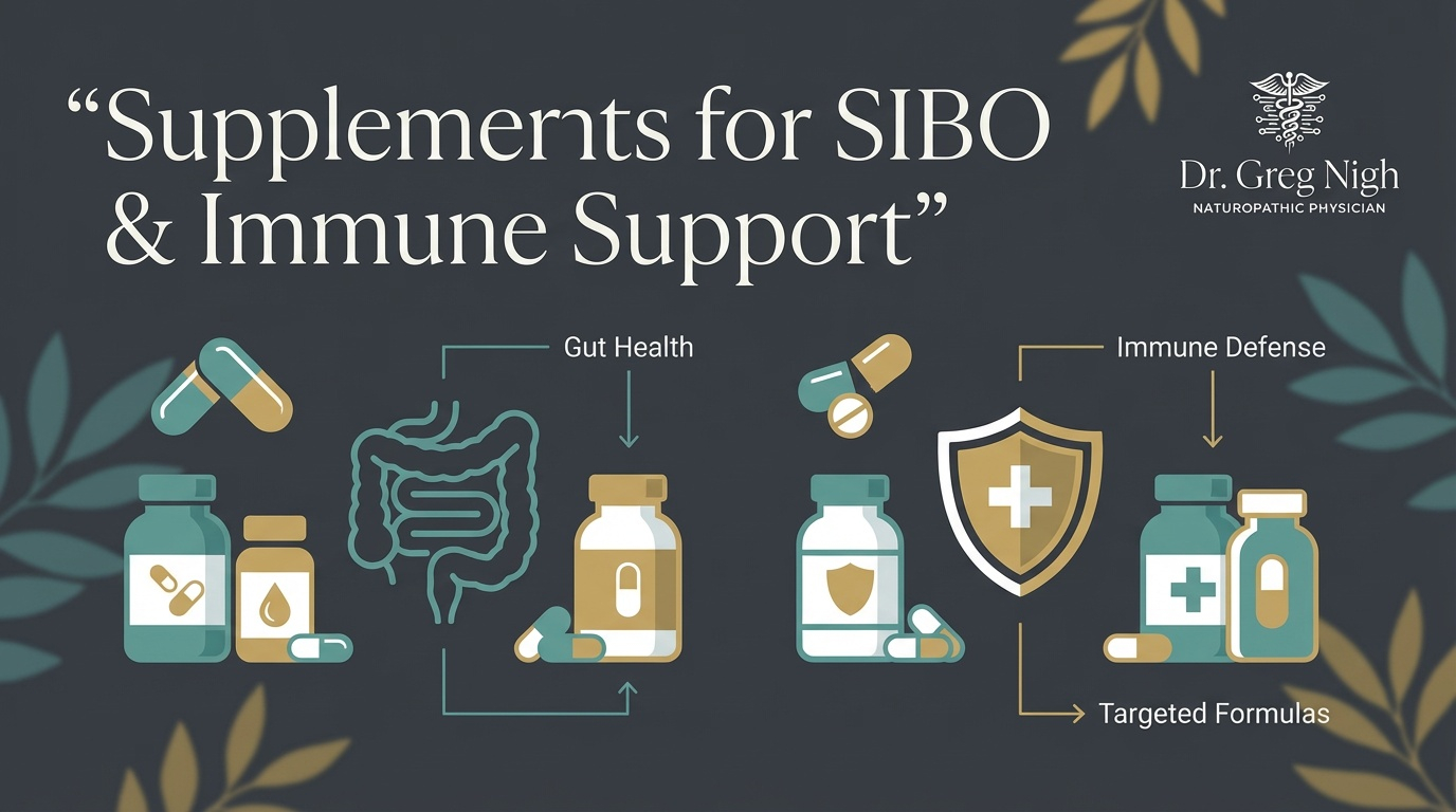 Botanical supplement bottles and immune shield icon overlaid on nature-inspired background titled ‘Supplements for SIBO & Immune Support’ — Dr. Greg Nigh