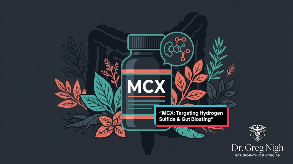 MCX botanical supplement bottle surrounded by herbs and gut silhouette, illustrating hydrogen sulfide mitigation and gut bloating support — Dr. Greg Nigh