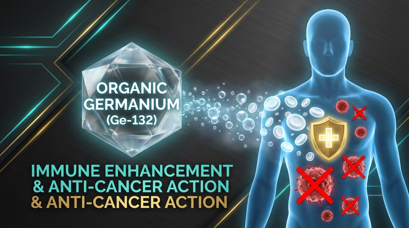 Stylized medical graphic of an organic germanium (Ge-132) crystal releasing oxygen bubbles toward a human silhouette with highlighted immune cells and fading tumor icons, illustrating germanium’s roles in immunity, oxygen delivery, and cancer support