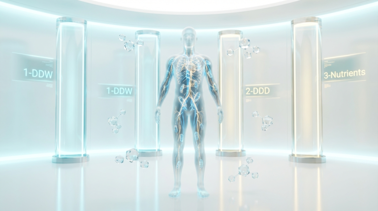 Illustration of three-pillar deuterium depletion program showing mitochondria and water molecules