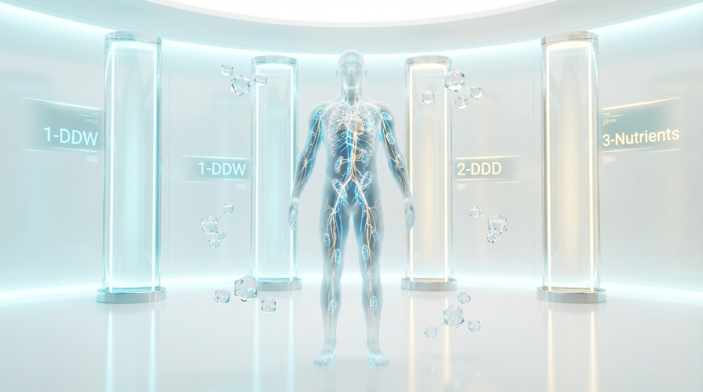Illustration of three-pillar deuterium depletion program showing mitochondria and water molecules