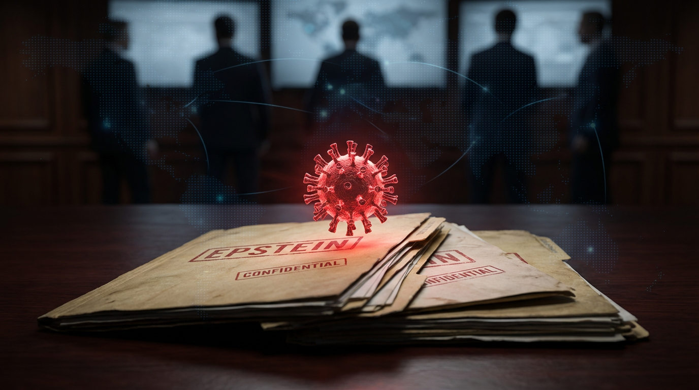 Collage of Epstein documents, Covid-19 virus, and silhouettes of powerful figures