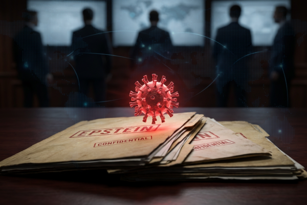 Collage of Epstein documents, Covid-19 virus, and silhouettes of powerful figures